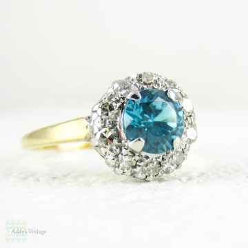 Vintage 1940s Blue Zircon Ring with Diamond Halo, Retro Blue Zircon & Diamond Cluster Ring in 18 Carat Yellow Gold.