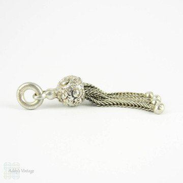 Victorian Sterling Silver Tassel Charm. 4 Strand Acorn Shape Top Small Engraved English Tassel for Pendant or Watch Fob, Circa 1880s.