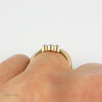 Antique Three Stone Diamond Ring, Dainty Edwardian Bezel Set, Milgrain Edge Trilogy Engagement Ring, 0.11 ctw in 18 Ct Gold & Platinum.