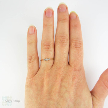 Antique Three Stone Diamond Ring, Dainty Edwardian Bezel Set, Milgrain Edge Trilogy Engagement Ring, 0.11 ctw in 18 Ct Gold & Platinum.