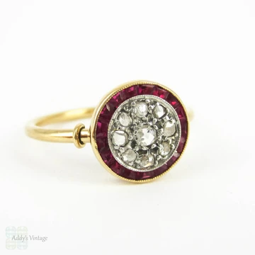 Art Deco Ruby & Diamond Target Ring, French Rose Cut Diamonds with Calibre Cut Red Ruby Halo Cluster Style Ring. 18 Carat Gold, Circa 1920s.