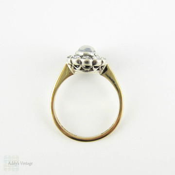Vintage Moonstone & Paste Halo Ring, Oval Cabochon Moonstone with Diamond Paste Halo in 9 Carat Yellow Gold in Sterling Silver, Circa 1930s.