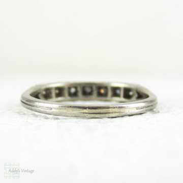 Art Deco Diamond Wedding Ring, Engraved 18ct White Gold Square Set 7 Stone Wedding Band with Flower Engraving and Miligrain Beading, Circa 1930s.