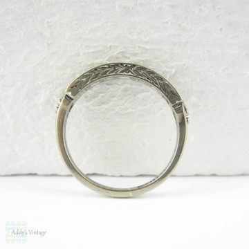 Art Deco Diamond Wedding Ring, Engraved 18ct White Gold Square Set 7 Stone Wedding Band with Flower Engraving and Miligrain Beading, Circa 1930s.