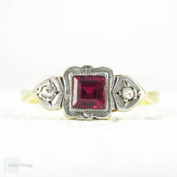 Art Deco Ruby & Diamond Three Stone Ring, Snythetic Square Ruby with Rose Cut Diamonds Trilogy Engagement Ring. Circa 1920s, 18 Carat Gold.