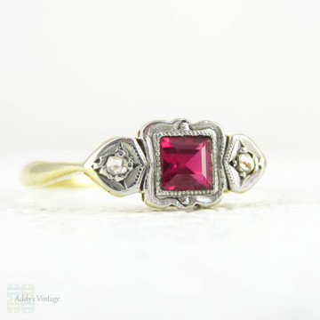 Art Deco Ruby & Diamond Three Stone Ring, Snythetic Square Ruby with Rose Cut Diamonds Trilogy Engagement Ring. Circa 1920s, 18 Carat Gold.