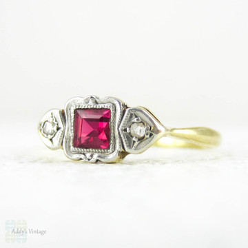 Art Deco Ruby & Diamond Three Stone Ring, Snythetic Square Ruby with Rose Cut Diamonds Trilogy Engagement Ring. Circa 1920s, 18 Carat Gold.