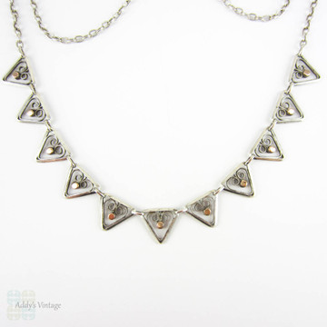 RESERVED. French Silver Fringe Necklace, Vintage Triangle Shape Garland with Gilt Dots & Beaded Scrolls. Circa Mid 20th Century.
