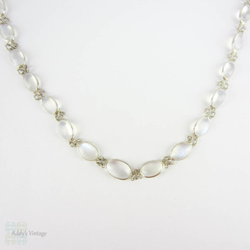 Vintage Graduated Moonstone Necklace. Princess Length Moonstone Chain Necklace in Sterling Silver, 50.8 cm / 20 inches long.