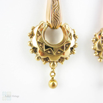 Antique Victorian Drop Earrings, Long 9 Carat Gold Etruscan Revival Dangle Earrings with Sunburst Engraved Design. Circa 1870s.