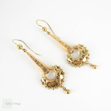 Antique Victorian Drop Earrings, Long 9 Carat Gold Etruscan Revival Dangle Earrings with Sunburst Engraved Design. Circa 1870s.