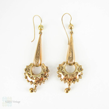 Antique Victorian Drop Earrings, Long 9 Carat Gold Etruscan Revival Dangle Earrings with Sunburst Engraved Design. Circa 1870s.