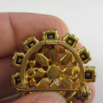Vintage Rhinestone Brooch. Round, Square & Marquise Cut Austrian Glass Diamanté in Gold Tone Metal.