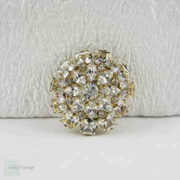 Vintage Rhinestone Brooch. Round, Square & Marquise Cut Austrian Glass Diamanté in Gold Tone Metal.