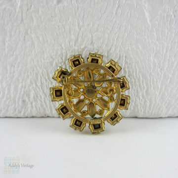 Vintage Rhinestone Brooch. Round, Square & Marquise Cut Austrian Glass Diamanté in Gold Tone Metal.