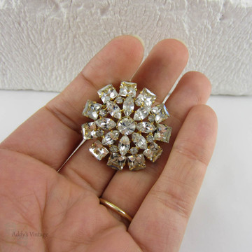 Vintage Rhinestone Brooch. Round, Square & Marquise Cut Austrian Glass Diamanté in Gold Tone Metal.