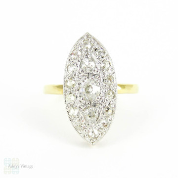 Antique Navette Shape Old Mine Cut Diamond Cluster Ring, Large Marquise Design Cocktail Dinner Ring. Late 19th Century, 18 Carat Gold & Platinum.