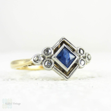 French Cut Sapphire & Diamond Ring, Art Deco Blue Sapphire and Old Cut Diamond Geometric Design Ring. 1930s, 18ct Platinum.