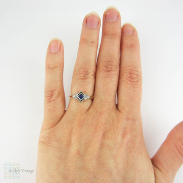 French Cut Sapphire & Diamond Ring, Art Deco Blue Sapphire and Old Cut Diamond Geometric Design Ring. 1930s, 18ct Platinum.