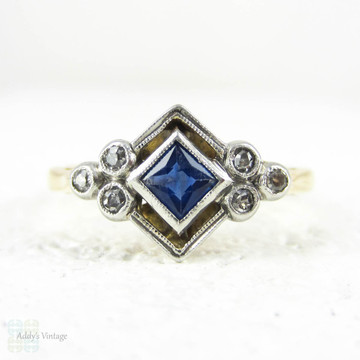 French Cut Sapphire & Diamond Ring, Art Deco Blue Sapphire and Old Cut Diamond Geometric Design Ring. 1930s, 18ct Platinum.