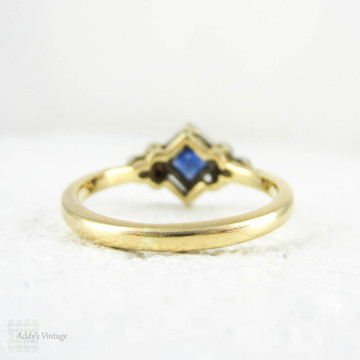 French Cut Sapphire & Diamond Ring, Art Deco Blue Sapphire and Old Cut Diamond Geometric Design Ring. 1930s, 18ct Platinum.