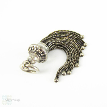 Antique Victorian Tassel, Sterling Silver Beaded Design Top Tassel. Eight Foxtail Chains. Silver Charm for Pendant or Watch Fob, Circa 1900s.