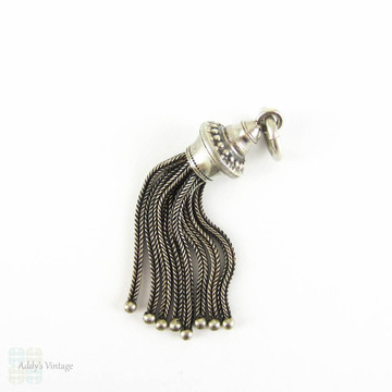 Antique Victorian Tassel, Sterling Silver Beaded Design Top Tassel. Eight Foxtail Chains. Silver Charm for Pendant or Watch Fob, Circa 1900s.