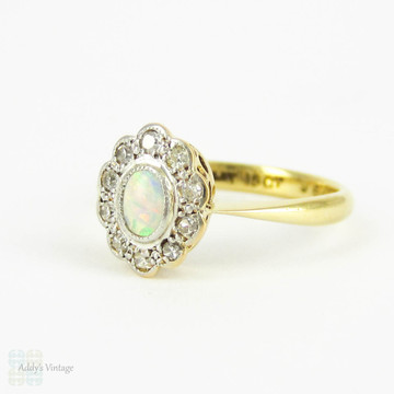Vintage Opal & Diamond Engagement Ring, Cabochon Cut Opal wtih Scalloped Edge Diamond Halo. Circa 1920s, 18ct & Platinum.