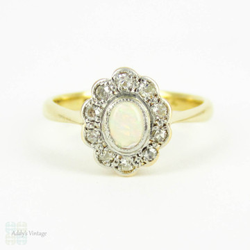 Vintage Opal & Diamond Engagement Ring, Cabochon Cut Opal wtih Scalloped Edge Diamond Halo. Circa 1920s, 18ct & Platinum.