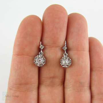 Antique Diamond Earrings, Old Mine Cut Diamond Drop Earrings, 0.28 ctw. French Dormeuse Earrings in 18 Carat Gold.