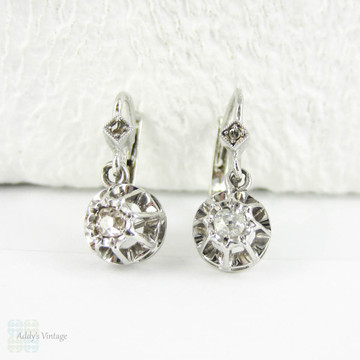 Antique Diamond Earrings, Old Mine Cut Diamond Drop Earrings, 0.28 ctw. French Dormeuse Earrings in 18 Carat Gold.