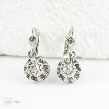 Antique Diamond Earrings, Old Mine Cut Diamond Drop Earrings, 0.28 ctw. French Dormeuse Earrings in 18 Carat Gold.