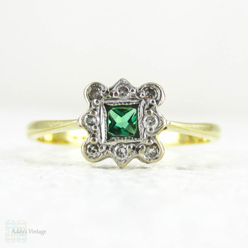 French Cut Emerald & Diamond Engagement Ring, Square Cut Emerald in Diamond Halo. Art Deco 1920s, 18 ct & Platinum.