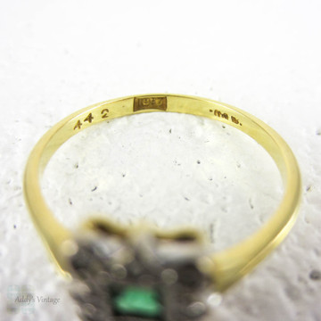 French Cut Emerald & Diamond Engagement Ring, Square Cut Emerald in Diamond Halo. Art Deco 1920s, 18 ct & Platinum.