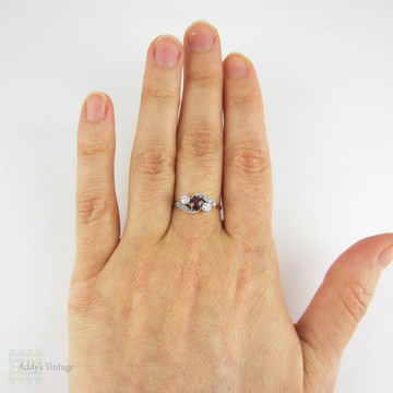 Vintage Ruby & Diamond Engagement Ring, Trilogy Ring in Bypass Twist Style with Diamond Set Shoulders, Circa 1940s, 18 Carat Gold.