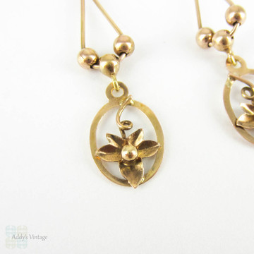 Antique Floral Design Drop Earrings in 9 Carat Gold, Edwardian Ivy Leaf Design Long Dangle Earrings, Circa 1900s.