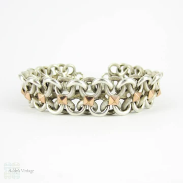 Vintage French Bracelet, Sterling Silver Alternating Beaded Texture & Shiny Figure 8 Links with 9 Carat Rose Gold Accents. Circa 1940s.