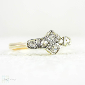 Art Deco Diamond Ring, Sweet Geometric Shape Pave Set Diamond Ring with Milgrain Beading. Yellow Gold & Platinum, Circa 1930s.