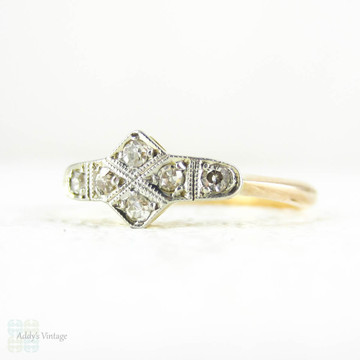 Art Deco Diamond Ring, Sweet Geometric Shape Pave Set Diamond Ring with Milgrain Beading. Yellow Gold & Platinum, Circa 1930s.