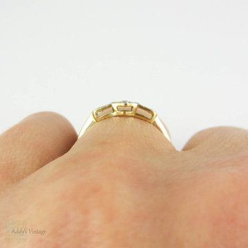 Art Deco Diamond Ring, Sweet Geometric Shape Pave Set Diamond Ring with Milgrain Beading. Yellow Gold & Platinum, Circa 1930s.