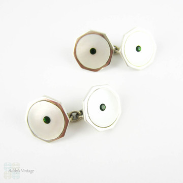 Vintage Sterling Silver Cuff Links. Mother of Pearl & Green Paste Late Art Deco Man's Cufflinks.