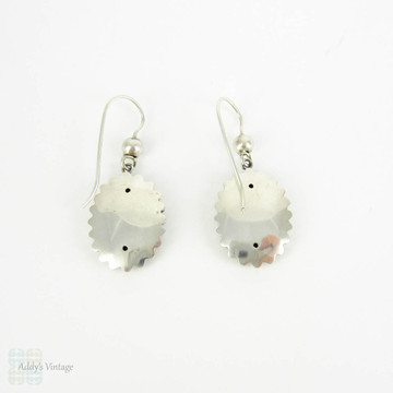 Victorian Aesthetic Movement Earrings, Sterling Silver Engraved Floral Foliate Design Oval Shape Dangle Earrings, Circa 1880s.