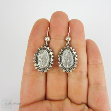 Victorian Aesthetic Movement Earrings, Sterling Silver Engraved Floral Foliate Design Oval Shape Dangle Earrings, Circa 1880s.