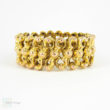 Victorian 9 Carat Gold Expandable Bracelet, Decorative Engraved Antique Yellow & Rose Gold Bracelet, Circa 1880s.