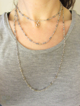 Antique French Sterling Silver Long Guard Chain, Fancy Link Necklace with Large Bolt Clip. Circa 1900s, 152 cm / 60 inches long.