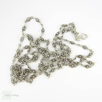 Antique French Sterling Silver Long Guard Chain, Fancy Link Necklace with Large Bolt Clip. Circa 1900s, 152 cm / 60 inches long.