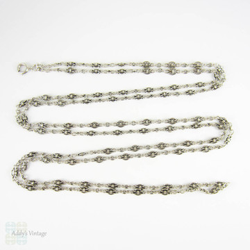 Antique French Sterling Silver Long Guard Chain, Fancy Link Necklace with Large Bolt Clip. Circa 1900s, 152 cm / 60 inches long.
