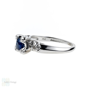 Vintage Sapphire & Diamond Engagement Ring, Circa 1940s. 14ct 14k White Gold.