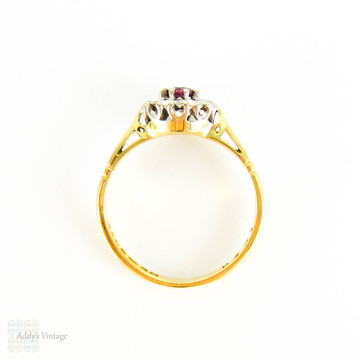 Vintage Ruby & Diamond Cluster Ring, Claw Set Ruby with Diamond Halo in 18 Carat Gold, Circa 1960s.