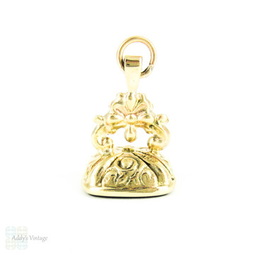 Vintage 9 Carat Gold Fob, Small Gold Watch Fob with Blank Bloodstone Seal and Floral Design Top, Circa 1990s.
